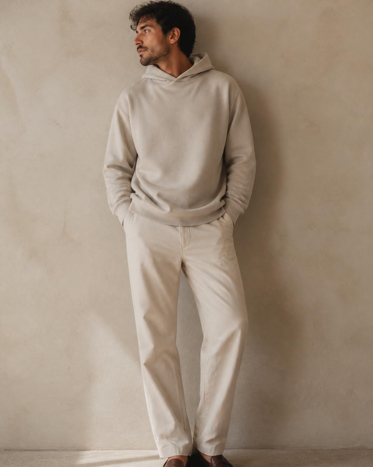 Man in oatmeal hoodie and relaxed trousers