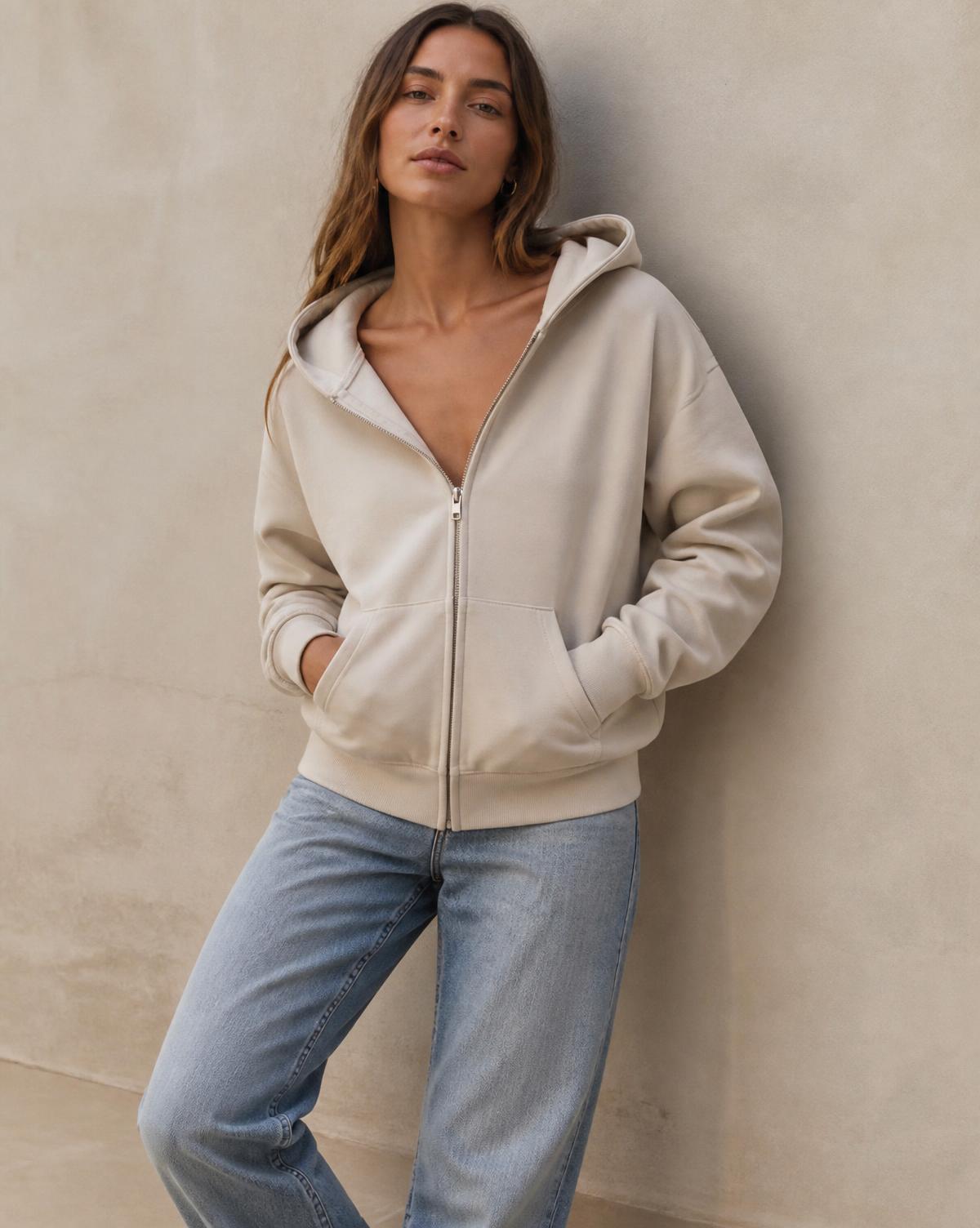 Woman in stone zip hoodie and straight leg jeans